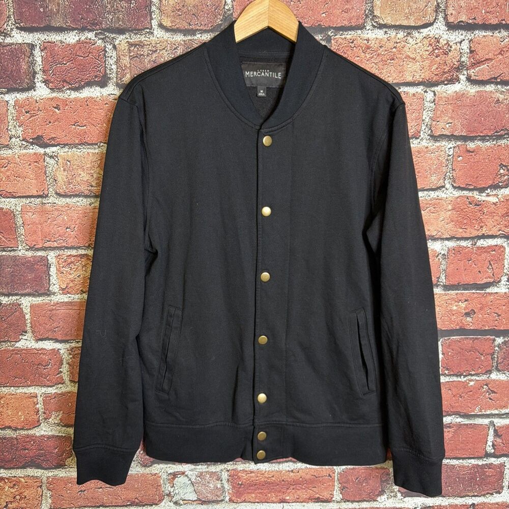 J.Crew Mercantile Black Snap Front Bomber Sweatshirt Brass Buttons Fleece Men M